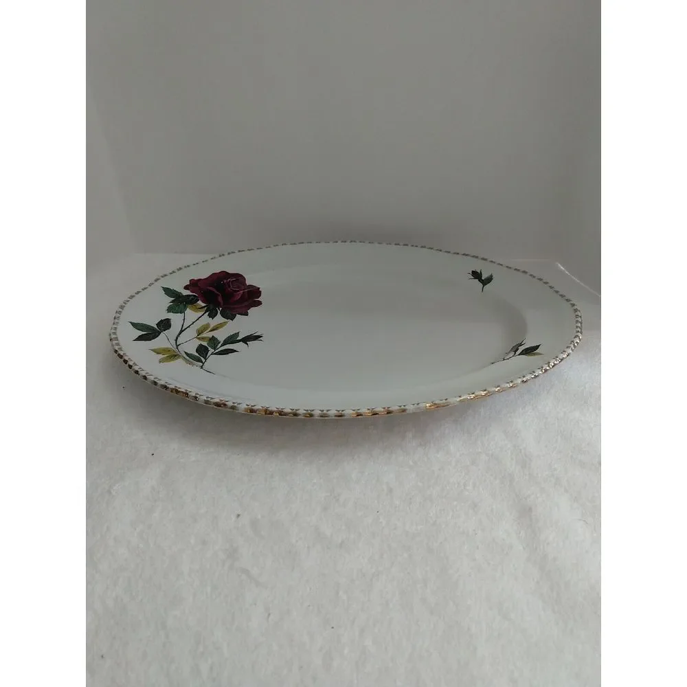 Wood & Sons England Alpine White Ironstone Oval‎ Platter Burgundy Red Rose 12